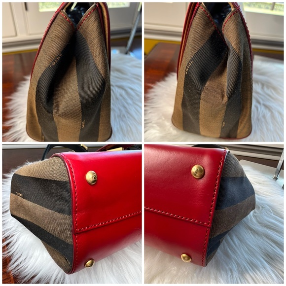 Fendi Silvana Leather Red Flap Turn-Lock Penguin Striped Canvas w/ Strap EUC - Picture 15 of 17